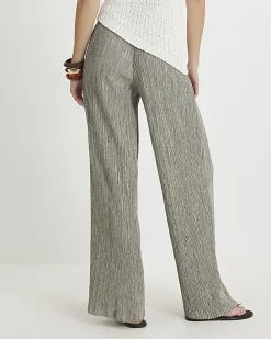 Khaki Plisse Wide Leg Trousers