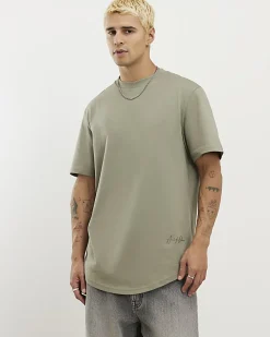 Khaki Regular Fit Curve Hem Midweight T-shirt
