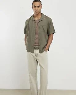 Khaki Regular Fit Linen Blend Revere Shirt