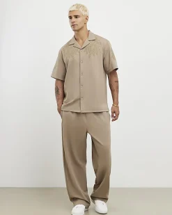 Khaki Regular Fit Paisley Embroidery Shirt