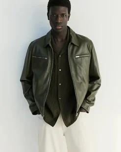 Khaki RI Studio Leather Zip Up Jacket