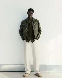 Khaki RI Studio Leather Zip Up Jacket