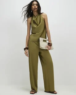 Khaki Satin Halter Neck Top