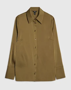 Khaki Satin Long Sleeve Slim Fit Shirt