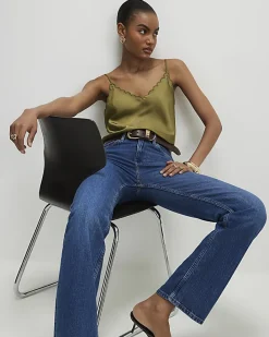 Khaki Satin Scallop Trim Cami Top
