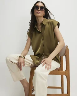 Khaki Satin Sleeveless Shirt