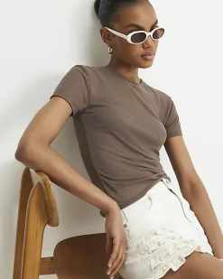 Khaki Semi Sheer Short Sleeve Top