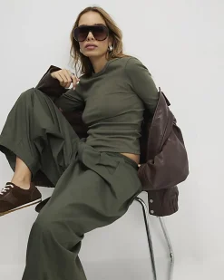 Khaki Short Sleeve Cotton Fitted Top