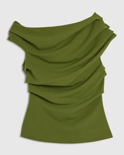 Khaki Short Sleeve Drape Off Shoulder Top
