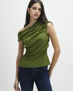 Khaki Short Sleeve Drape Off Shoulder Top
