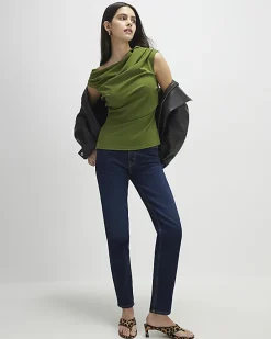 Khaki Short Sleeve Drape Off Shoulder Top