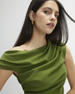 Khaki Short Sleeve Drape Off Shoulder Top