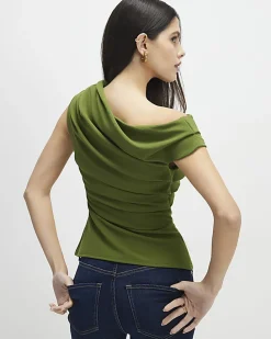 Khaki Short Sleeve Drape Off Shoulder Top