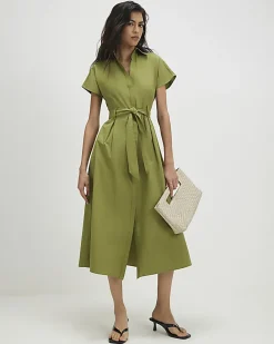Khaki Short Sleeve Midi Shirt Dress
