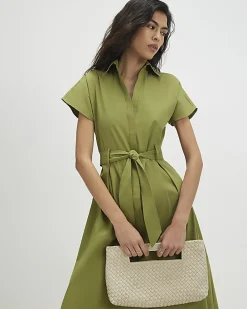 Khaki Short Sleeve Midi Shirt Dress