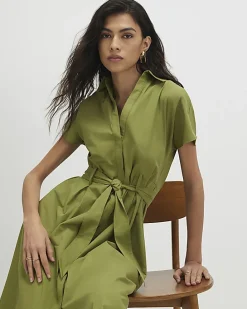 Khaki Short Sleeve Midi Shirt Dress