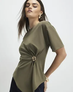 Khaki Short Sleeve Ruched Side Top