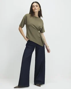 Khaki Short Sleeve Ruched Side Top