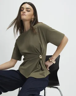 Khaki Short Sleeve Ruched Side Top