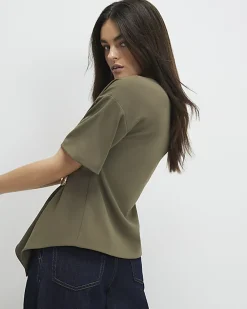 Khaki Short Sleeve Ruched Side Top