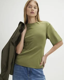 Khaki Short Sleeve Tie Back Seamed Top