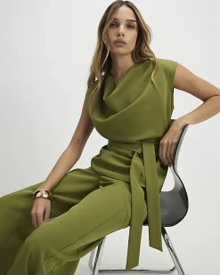 Khaki Short Sleeve Tie Waist Tailored Top