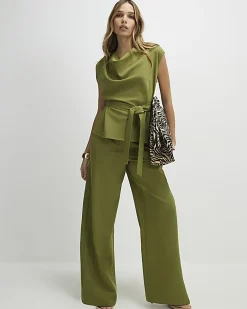 Khaki Short Sleeve Tie Waist Tailored Top