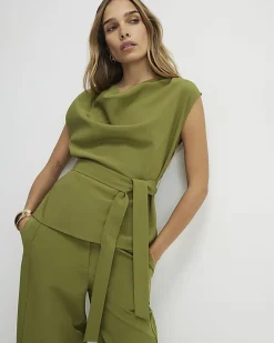 Khaki Short Sleeve Tie Waist Tailored Top