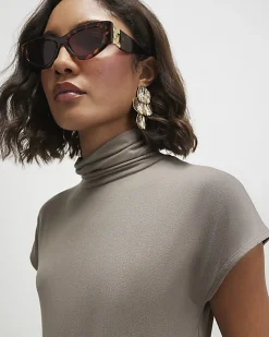 Khaki Short Sleeve Tie Waist Midi Dress