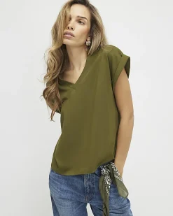 Khaki Short Sleeve V Neck Top