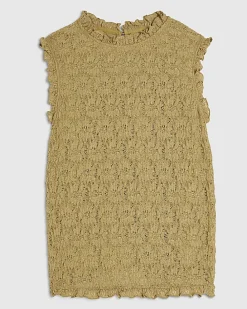Khaki Sleeveless Lettuce Trim Textured Top