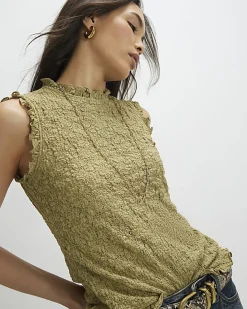 Khaki Sleeveless Lettuce Trim Textured Top