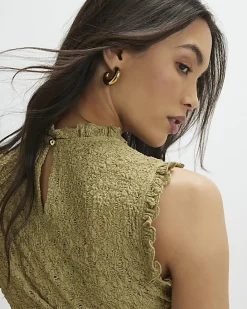 Khaki Sleeveless Lettuce Trim Textured Top