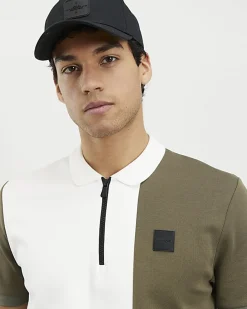 Khaki Slim Fit Blocked Zip Polo Shirt