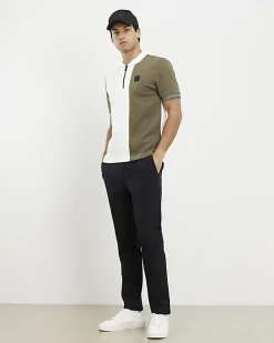 Khaki Slim Fit Blocked Zip Polo Shirt
