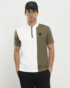 Khaki Slim Fit Blocked Zip Polo Shirt