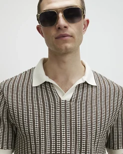 Khaki Slim Open Neck Crochet Polo Shirt