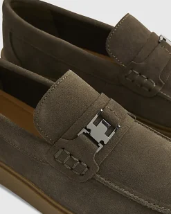 Khaki Suede Buckle Loafers