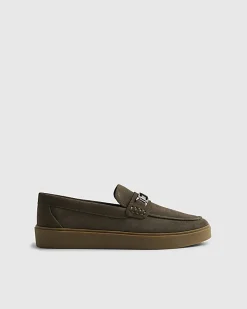 Khaki Suede Buckle Loafers