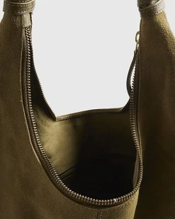 Khaki Suede Chain Link Handle Shoulder Bag