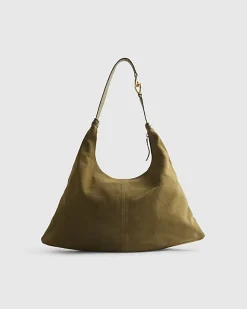 Khaki Suede Chain Link Handle Shoulder Bag