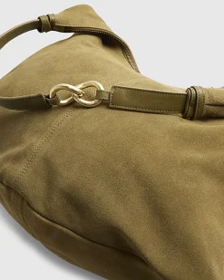 Khaki Suede Chain Link Handle Shoulder Bag