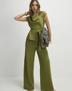 Khaki Tailored Wide Leg Trousers