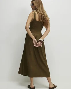 Khaki Textured Midi Dress