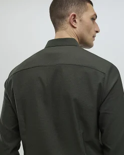 Khaki Textured Muscle Fit Long Sleeve Shirt