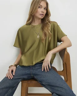 Khaki Tuck Hem Satin T-Shirt