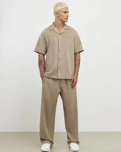 Khaki Wide Leg Twill Joggers