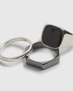Metal Silver And Black Rings 7 Pack