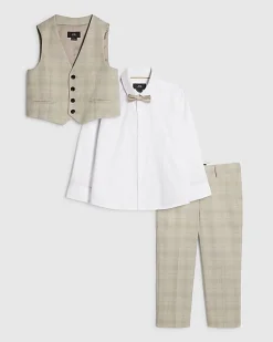 Mini Boys Beige Check Waistcoat 4 Piece Set