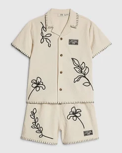 Mini Boys Beige Embroidered Swim Shorts Set